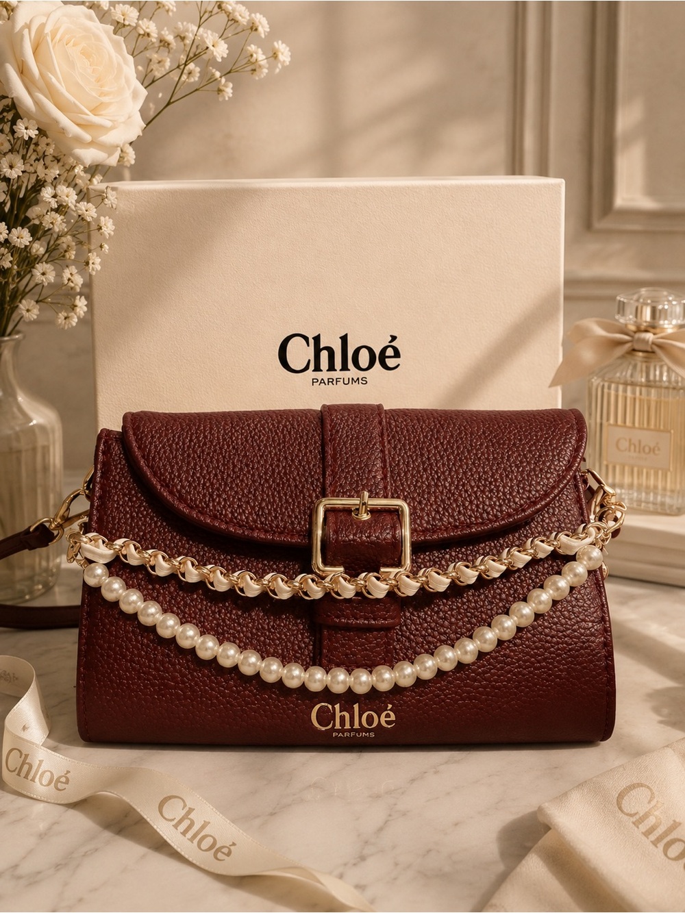 Chloé Parfums Burgundy Small clutch with Gold Buckle and pearl chain